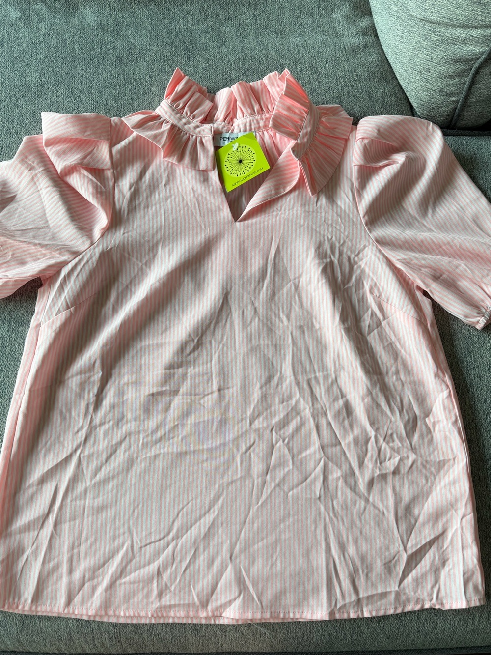 NWT BOUTIQUE Ruffled Neck Pink Stripe Blouse